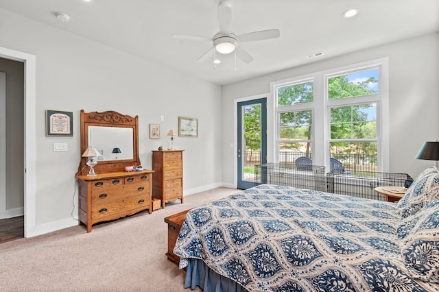 8 Perny Ct, Cape Charles, VA 23310 - carpeted bedroom with baseboards, visible vents, recessed lighting, ceiling fan, and access to outside