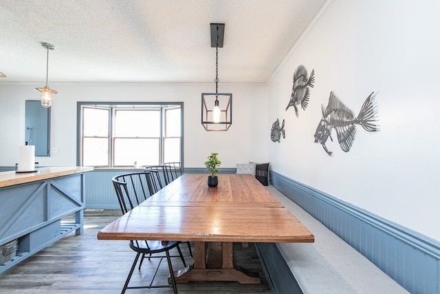 dining room with dark hardwood / wood-style flooring, a textured ceiling, and crown molding