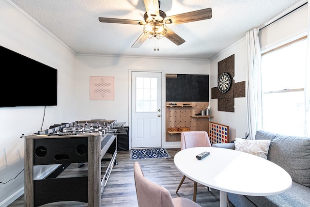 interior space with a textured ceiling, dark hardwood / wood-style flooring, ceiling fan, and crown molding