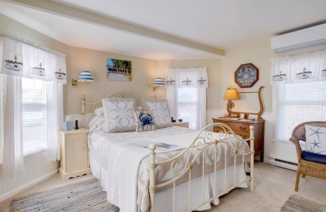 carpeted bedroom with beamed ceiling, an AC wall unit, and baseboard heating