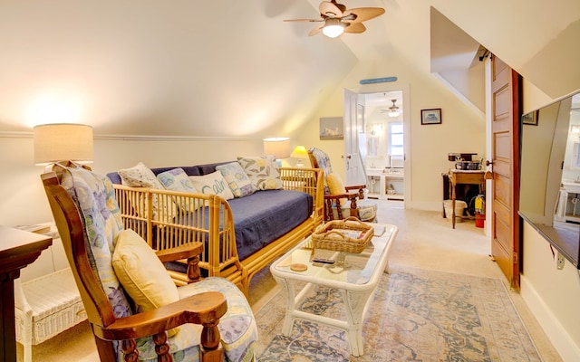 carpeted bedroom featuring ceiling fan and lofted ceiling