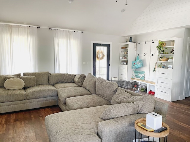 living room with high vaulted ceiling and dark wood-type flooring