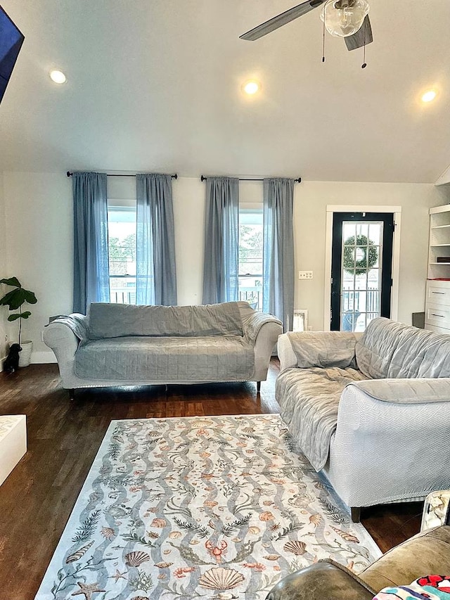 living area featuring a ceiling fan, wood finished floors, recessed lighting, and a healthy amount of sunlight