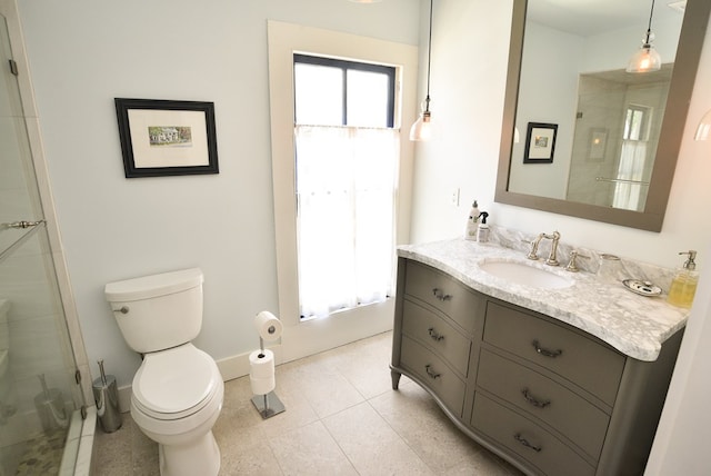 420 Randolph Ave, Cape Charles, VA 23310 - bathroom with vanity, toilet, a tile shower, and tile patterned floors