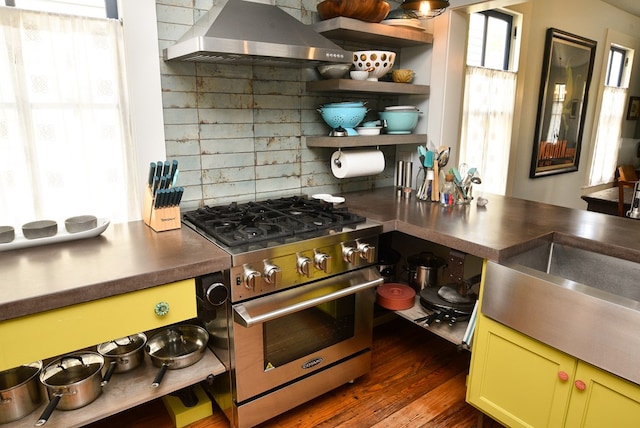 420 Randolph Ave, Cape Charles, VA 23310 - kitchen with stainless steel range, wall chimney exhaust hood, plenty of natural light, and dark countertops