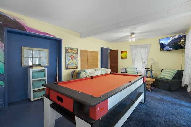 rec room featuring ceiling fan, beamed ceiling, dark carpet, and billiards