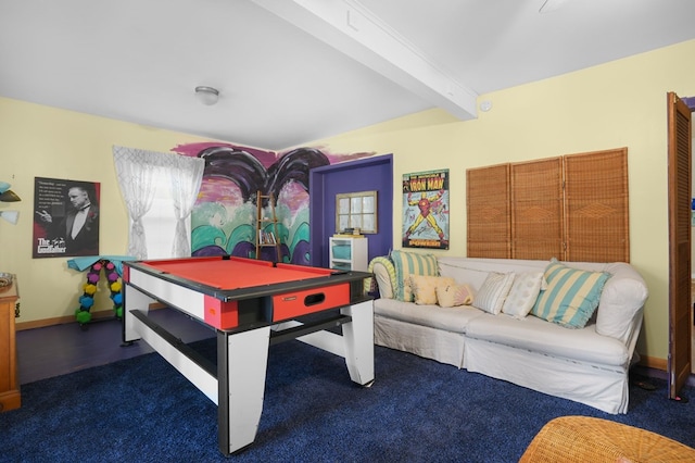 rec room featuring dark colored carpet, beam ceiling, and billiards