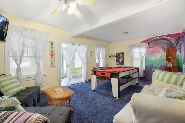 recreation room featuring ceiling fan, beamed ceiling, a healthy amount of sunlight, and billiards