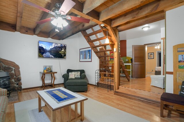 living room with beam ceiling, hardwood / wood-style flooring, and wood ceiling