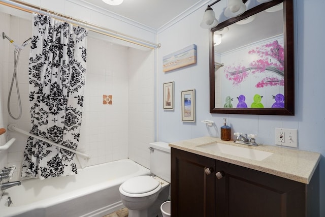 full bathroom featuring shower / tub combo, vanity, toilet, and ornamental molding