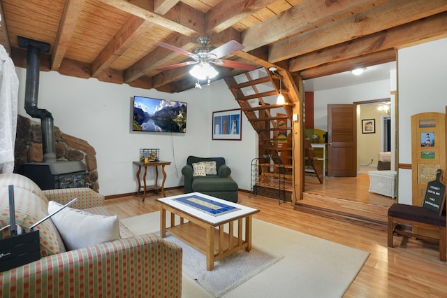 living room with a wood stove, wooden ceiling, ceiling fan, light wood-type flooring, and beam ceiling