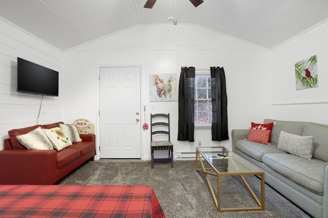 living room featuring carpet flooring, ceiling fan, wood walls, and lofted ceiling