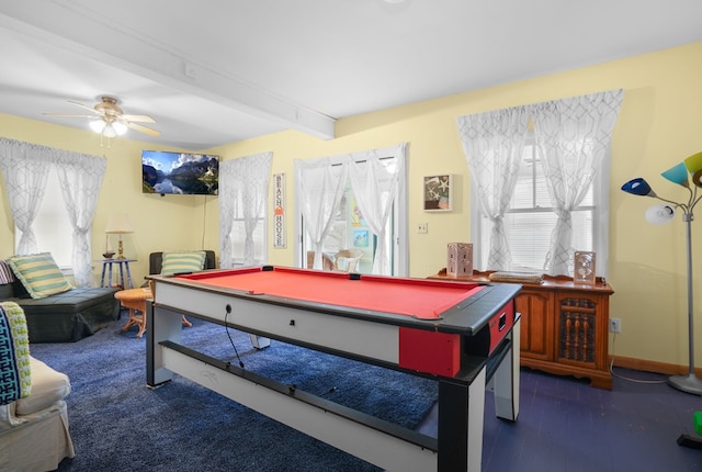 game room with ceiling fan, plenty of natural light, beam ceiling, and pool table