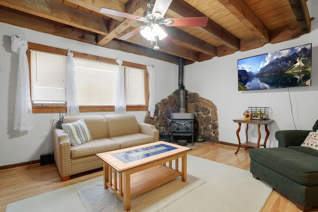 living room featuring beam ceiling, a wood stove, a wealth of natural light, and wood ceiling