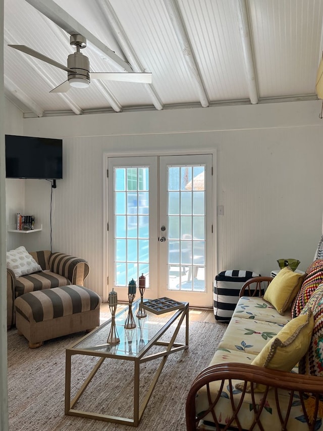 living room with ceiling fan, french doors, and hardwood / wood-style floors