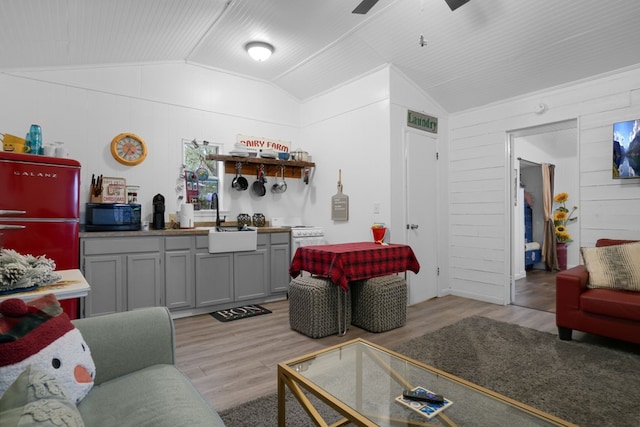 living room with vaulted ceiling, light hardwood / wood-style flooring, wooden walls, and sink