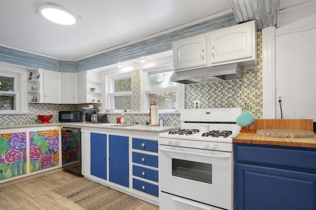 kitchen featuring blue cabinetry, white cabinets, black appliances, and wall chimney range hood