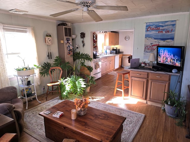 living room with hardwood / wood-style flooring and ceiling fan