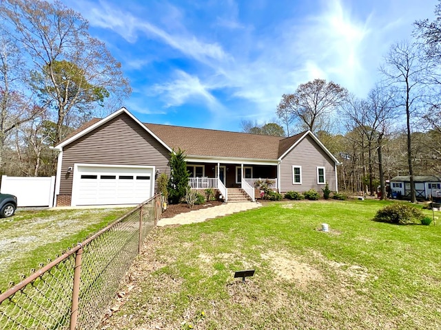 17481 Mitchell Ln, Parksley, VA 23421 - ranch-style home featuring driveway, a front yard, fence, an attached garage, and a porch