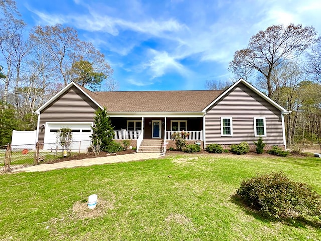 17481 Mitchell Ln, Parksley, VA 23421 - ranch-style house featuring fence, a garage, a front lawn, a shingled roof, and a porch