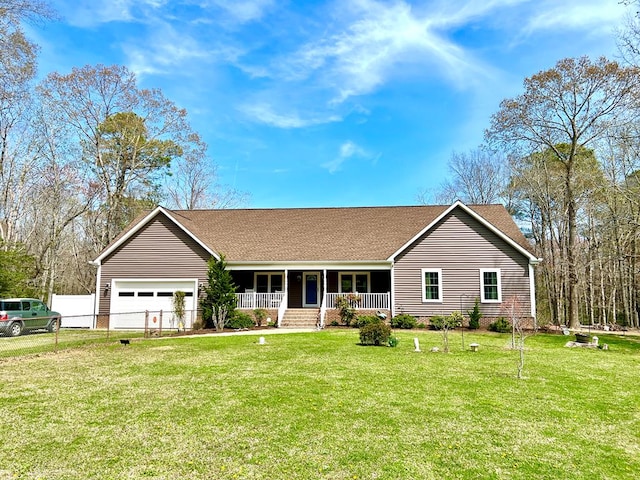 17481 Mitchell Ln, Parksley, VA 23421 - ranch-style house with fence, a front yard, a porch, and a garage