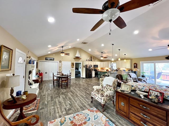 17481 Mitchell Ln, Parksley, VA 23421 - living room featuring a ceiling fan, dark wood-style floors, lofted ceiling, visible vents, and recessed lighting