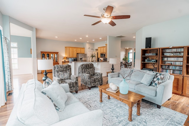 37275 Longboat Ct, Greenbackville, VA 23356 - living area with a ceiling fan, light wood finished floors, and recessed lighting