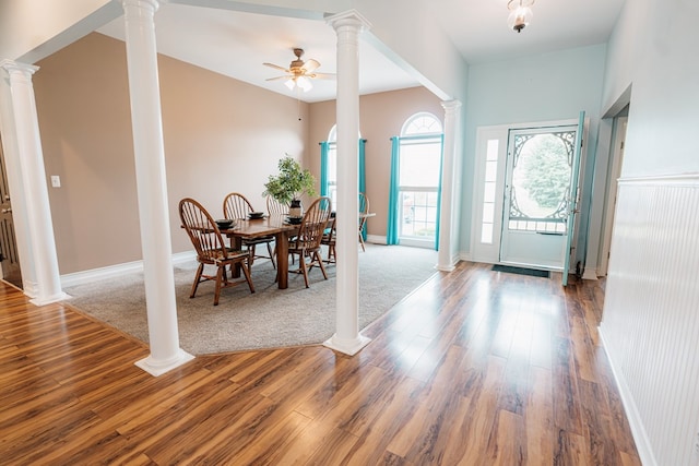 37275 Longboat Ct, Greenbackville, VA 23356 - foyer entrance featuring a ceiling fan, ornate columns, and wood finished floors