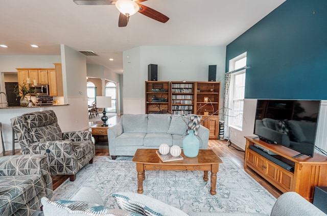 37275 Longboat Ct, Greenbackville, VA 23356 - living room with light wood finished floors, a ceiling fan, and recessed lighting
