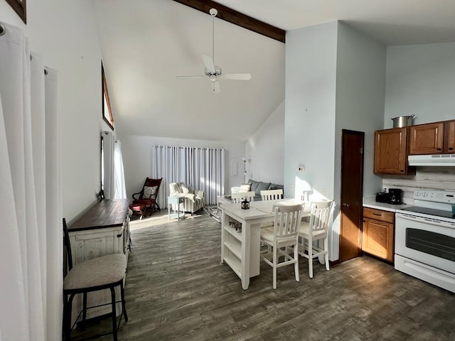 kitchen with white electric range oven, brown cabinets, open floor plan, light countertops, and under cabinet range hood