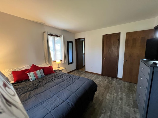 bedroom featuring dark wood-style floors, baseboards, and multiple closets