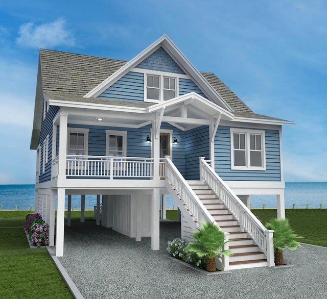 view of front facade with a water view, covered porch, and a carport