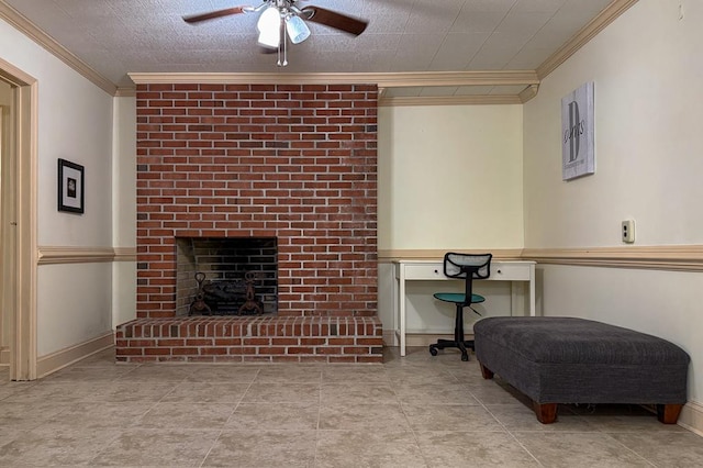 35197 Hillsborough Dr, Belle Haven, VA 23306 - living area featuring ornamental molding, a ceiling fan, a brick fireplace, baseboards, and tile patterned floors