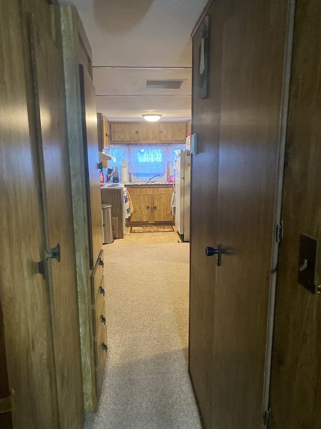 hallway with light carpet, wooden walls, and sink