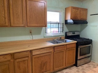 kitchen with ventilation hood, stainless steel gas range oven, and sink