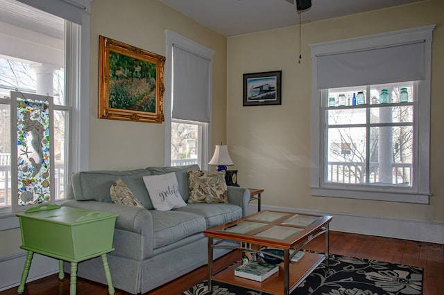 living room with plenty of natural light, baseboards, and wood finished floors