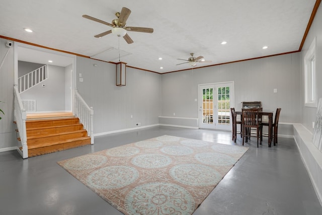 living room with french doors, a textured ceiling, ceiling fan, and crown molding