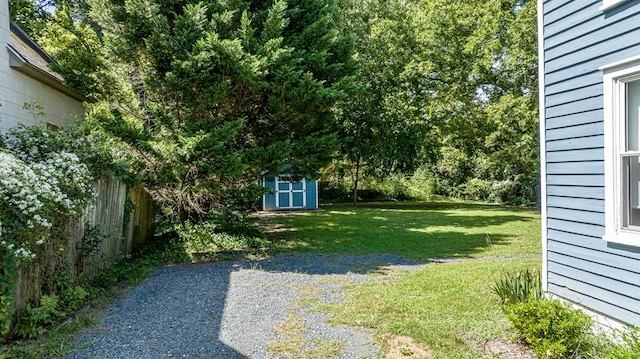 view of yard featuring a storage shed