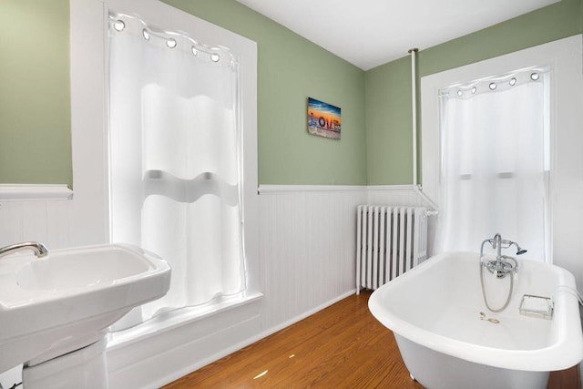 full bathroom featuring a wainscoted wall, radiator, wood finished floors, and a freestanding bath