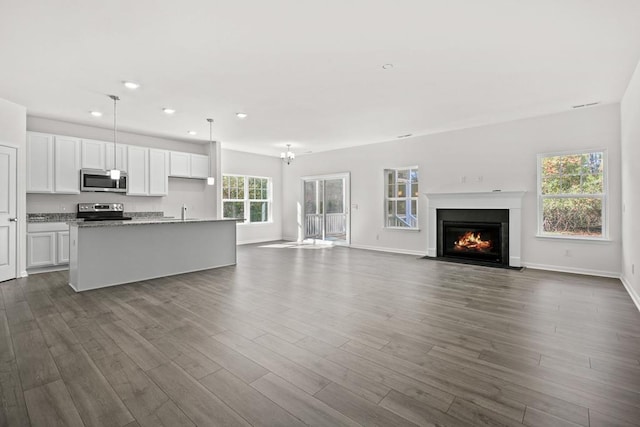 unfurnished living room with dark hardwood / wood-style flooring