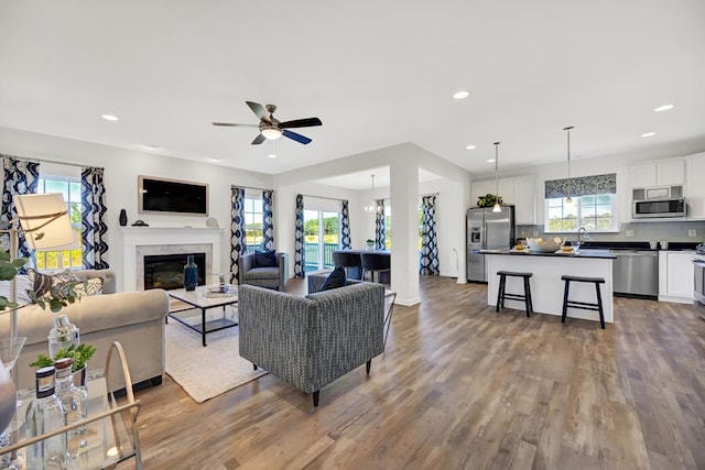 living room featuring ceiling fan with notable chandelier, hardwood / wood-style flooring, a healthy amount of sunlight, and sink