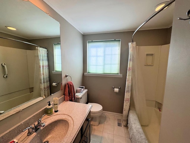 full bath with crown molding, visible vents, toilet, tile patterned flooring, and baseboards