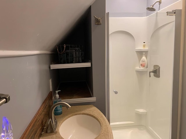 bathroom with walk in shower and sink