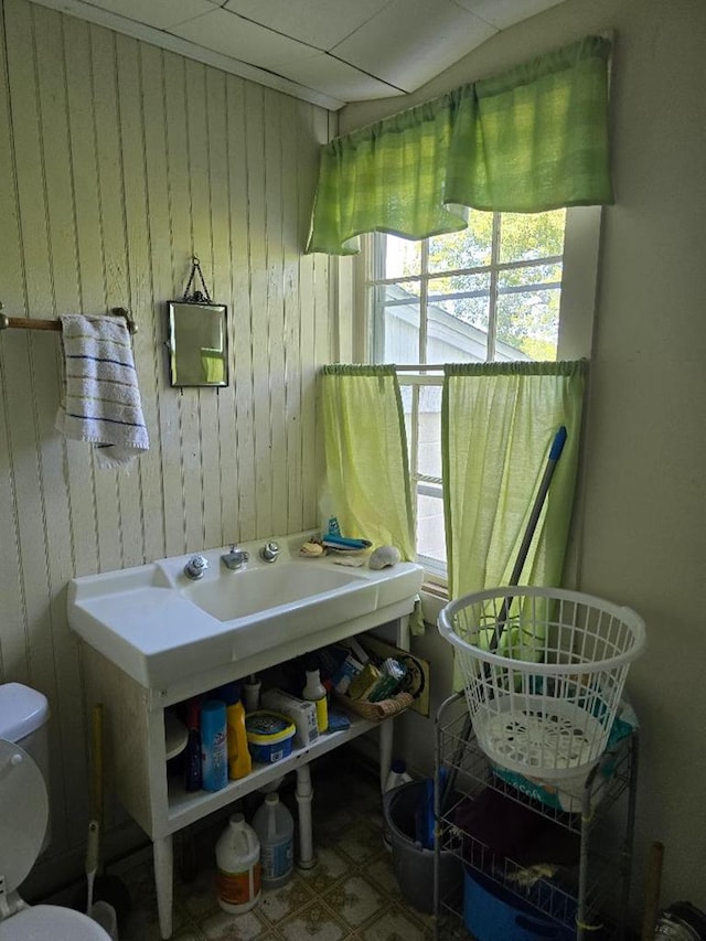 interior space with toilet and wooden walls