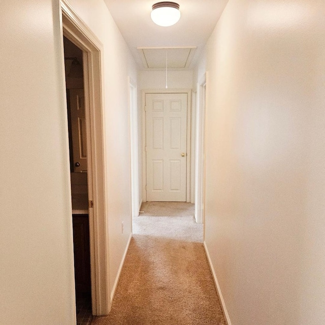 hallway featuring attic access, carpet flooring, and baseboards