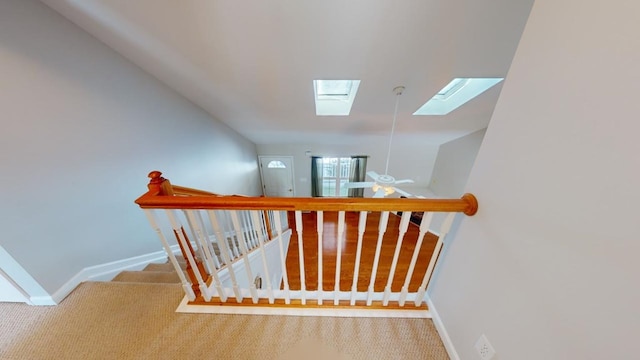 stairway with a skylight and carpet floors