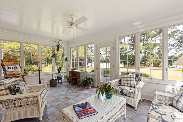 sunroom featuring a wealth of natural light and ceiling fan