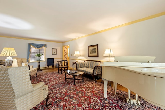 living room featuring crown molding and hardwood / wood-style floors