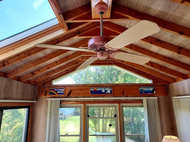 room details with ceiling fan and wood walls