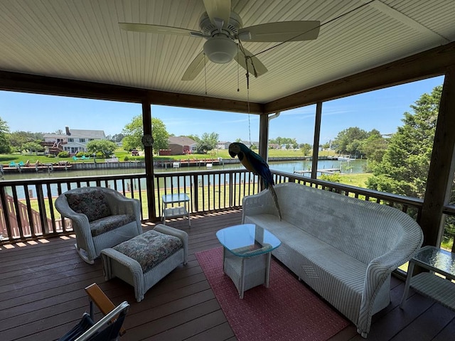 20444 Baldpate Ln, Onancock, VA 23417 - wooden terrace with a water view and a ceiling fan